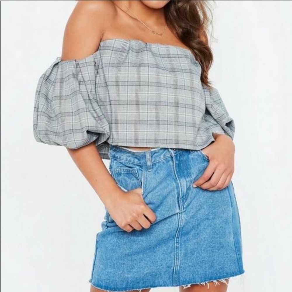 Misguided for ASOS bubble sleeve crop top blue and black plaid size small